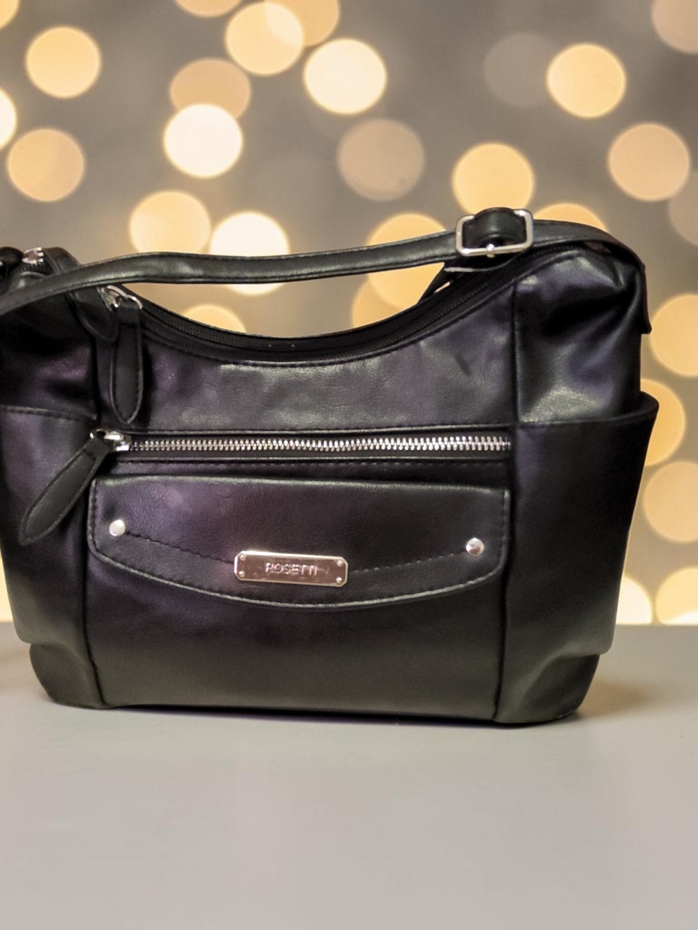 Rosetti Black Faux Leather Shoulder Bag with Front Zip Pocket